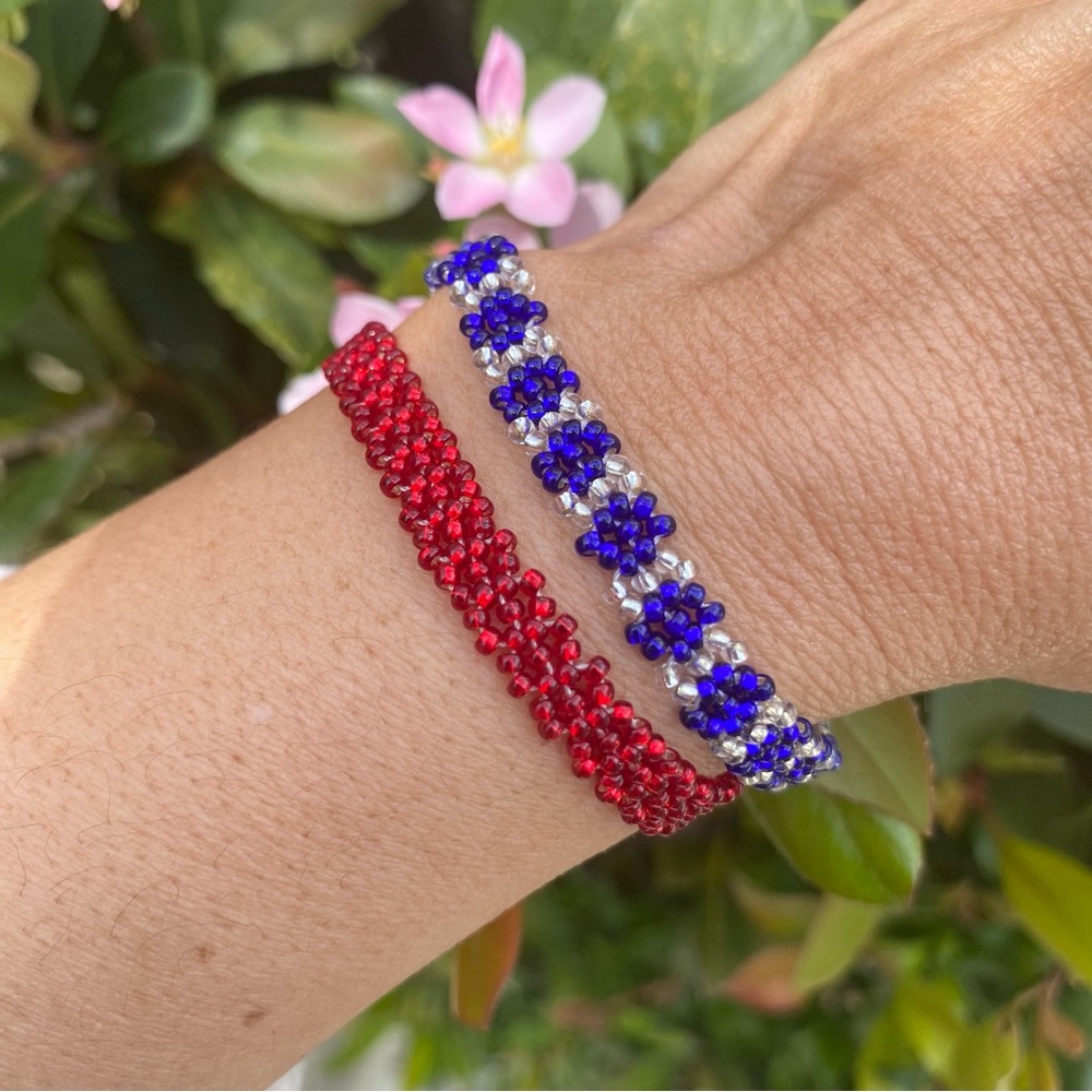 2 Huichol Handmade Chaquira Red Blue Bracelet Pulsera Huichol Chaquira Artesanal